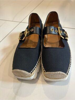 Marni Black Espadrille Mary Jane Flats with Gold Buckles